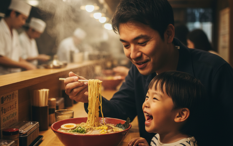 北海道ラーメン道場でラーメンを食べる家族