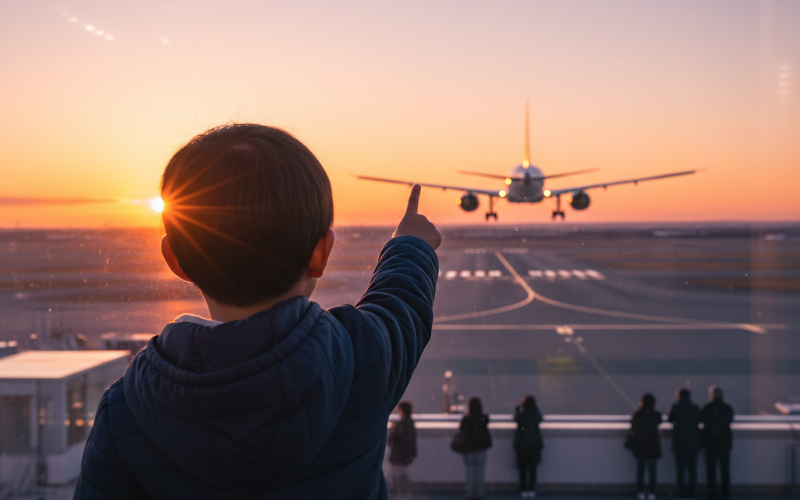 展望デッキから飛行機を眺める子供の後ろ姿