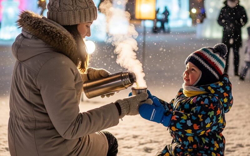 雪まつり会場で温かいココアを飲む親子