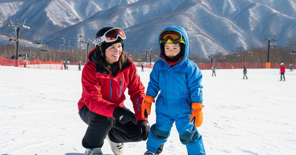 スキーインストラクターにスキーを教わる小さな子供