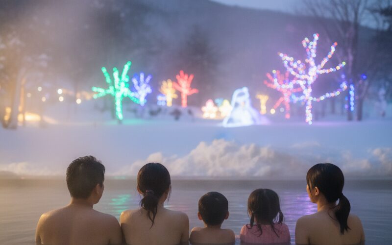 温泉の露天風呂から雪景色を眺める家族