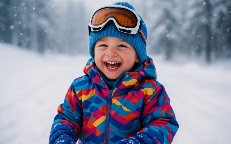 完全防寒の服装で雪の中で遊ぶ子供