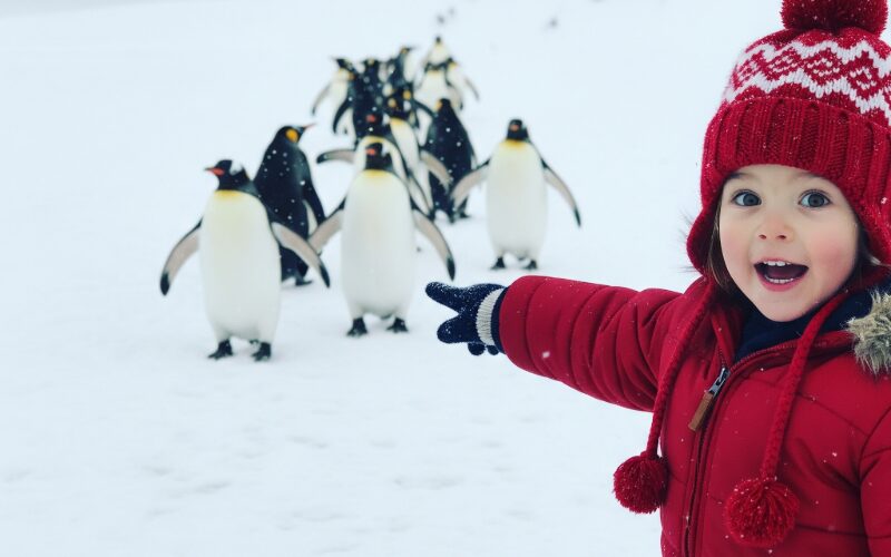 ペンギンの散歩を間近で見る子供