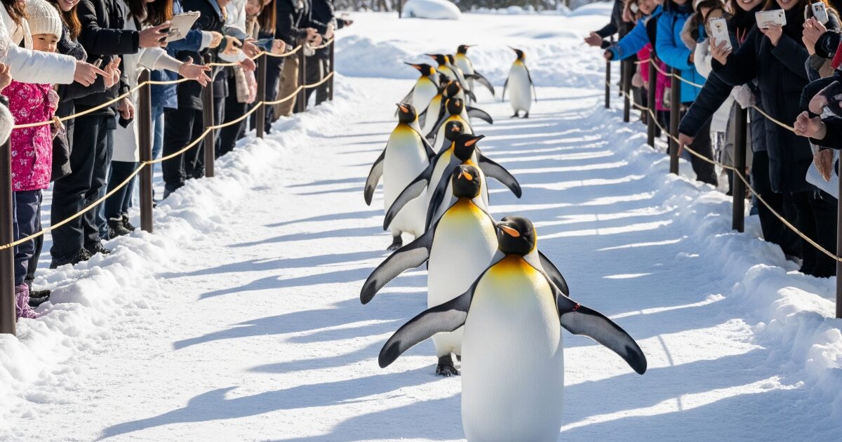 旭山動物園の雪の上を歩くペンギンの行列