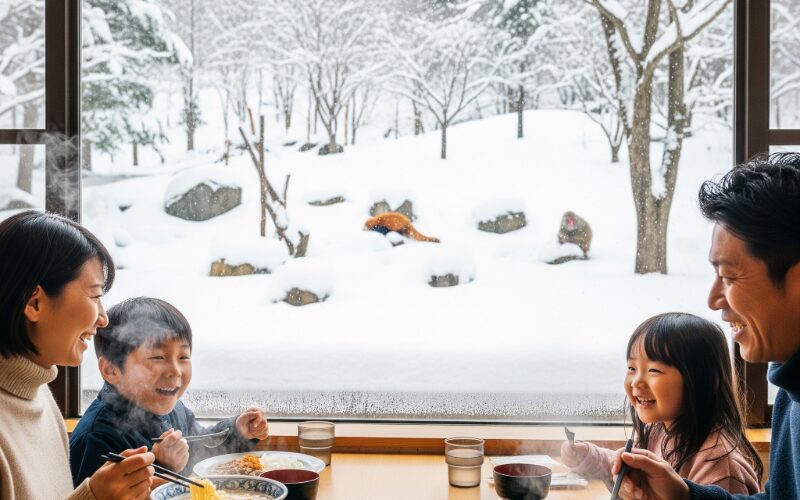 旭山動物園のレストランで食事をする家族