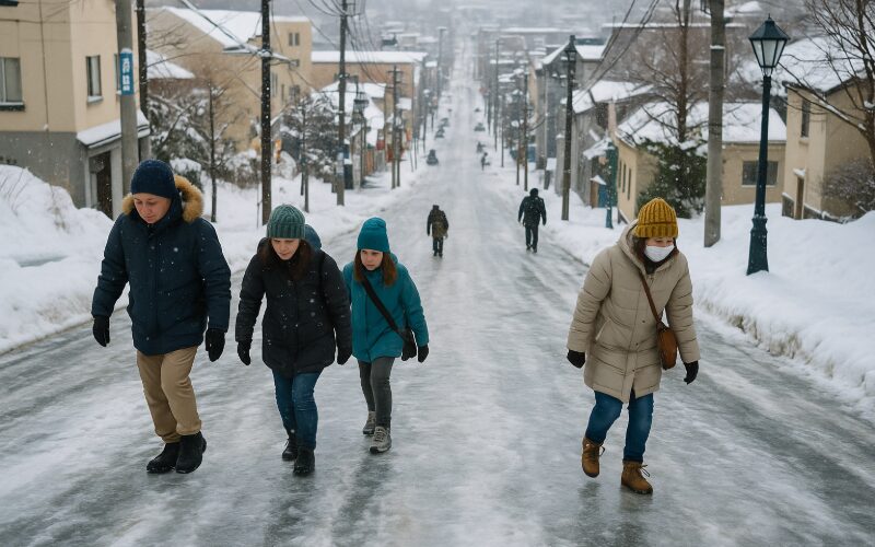 冬の小樽の滑りやすい坂道を歩く人々