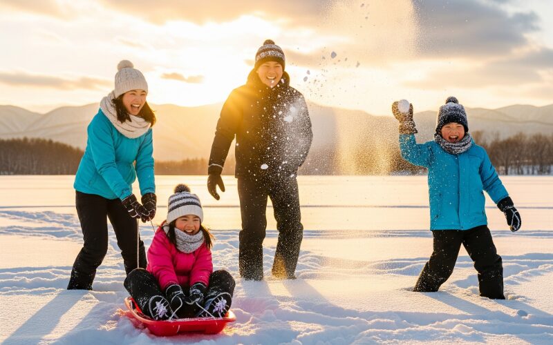雪景色の中、元気に遊ぶ家族