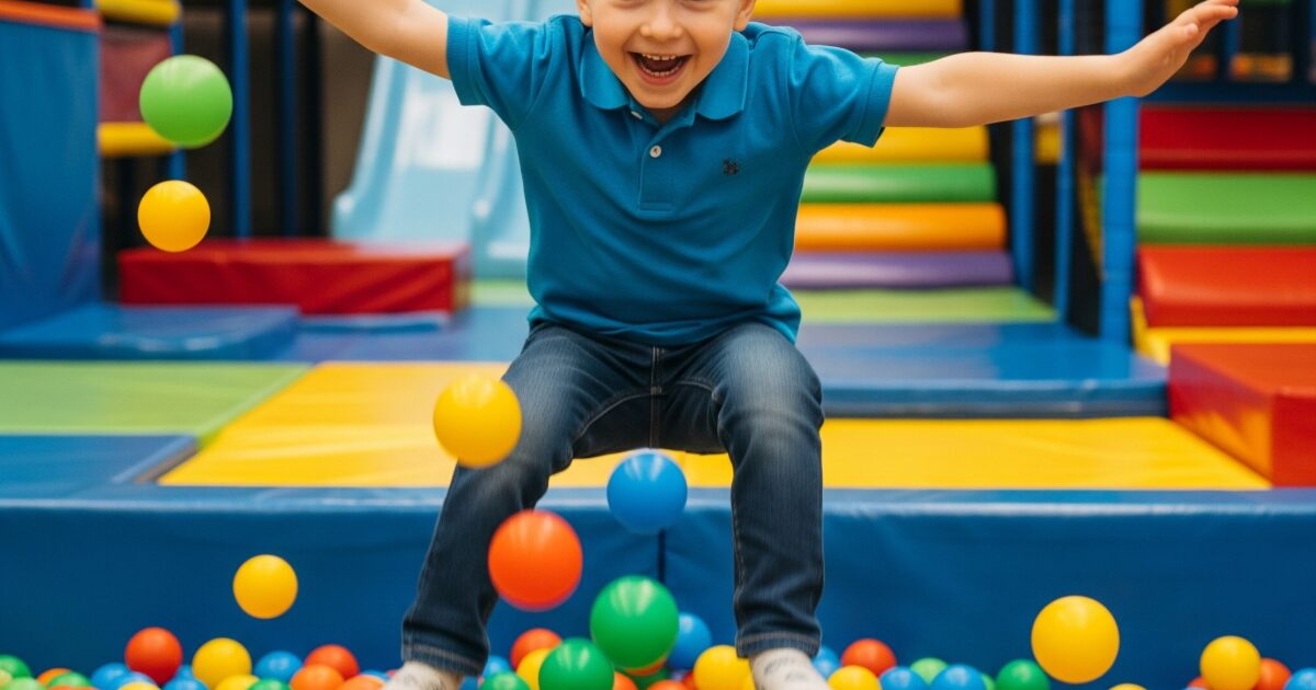 室内遊び場でボールプールに飛び込む子供