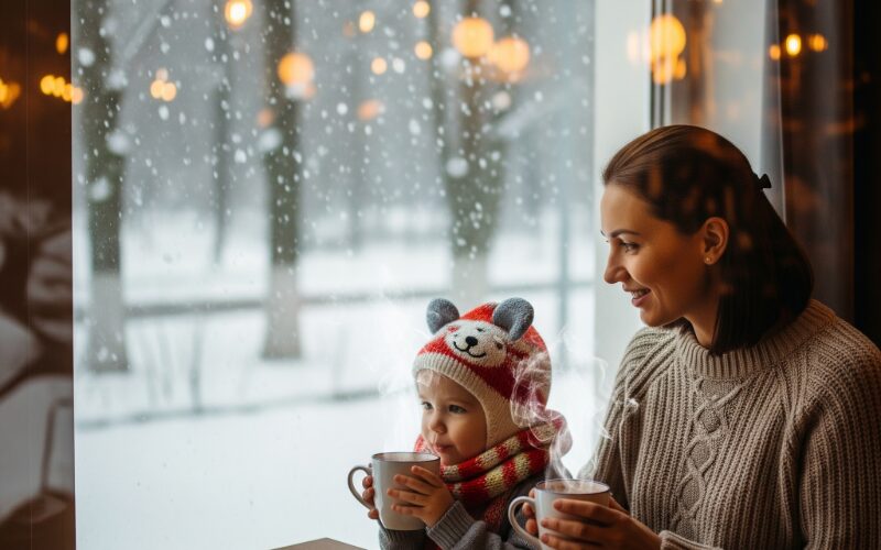 カフェの窓際で外の雪景色を眺める親子