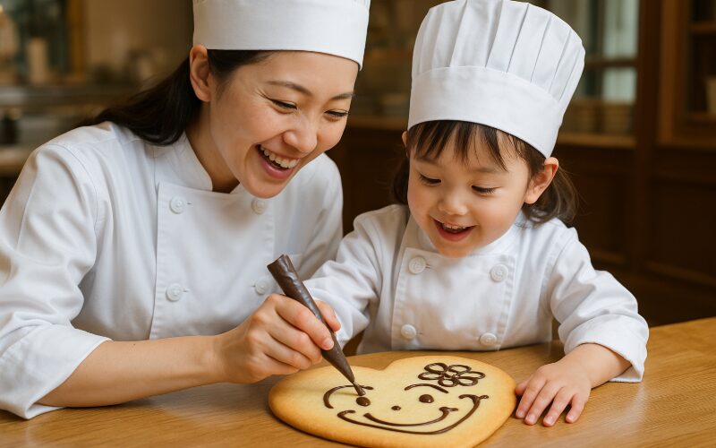 白い恋人パークでお菓子作り体験をする親子