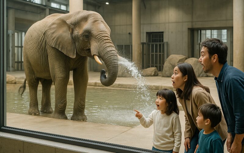 円山動物園のゾウ舎でゾウを眺める家族