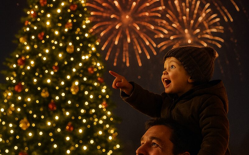 函館のクリスマスツリーと花火を眺める家族