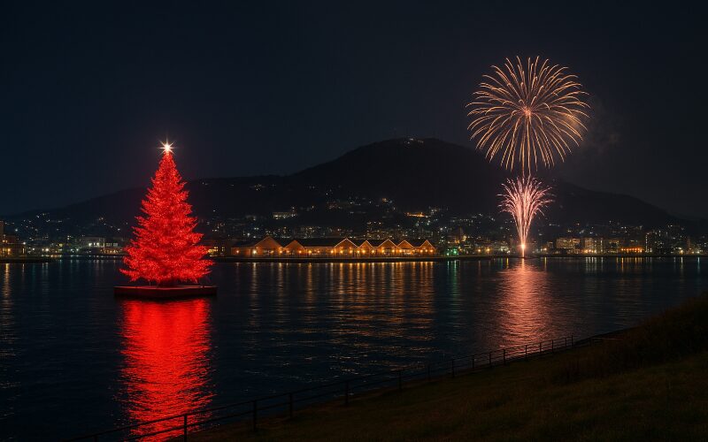函館の緑の島からクリスマスツリーと花火を眺める