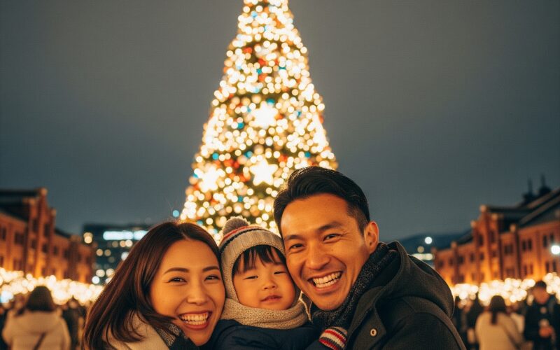 クリスマスツリーを背景に記念撮影をする家族