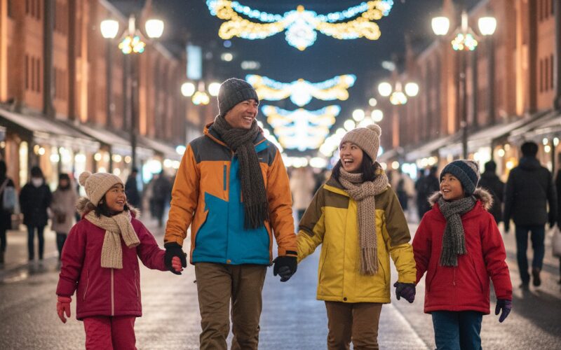 完全防寒の服装でクリスマスイベントを楽しむ家族