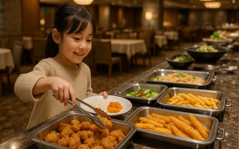 温泉宿のビュッフェで料理を選ぶ子供