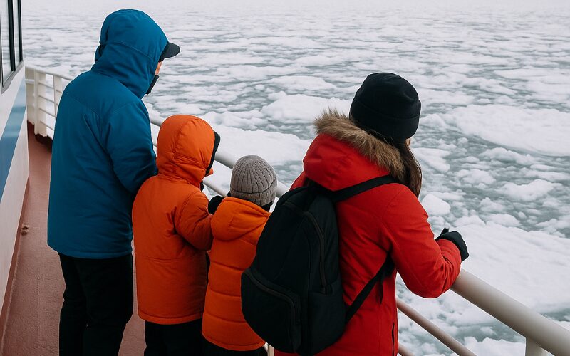 砕氷船おーろらの展望デッキから流氷を眺める家族