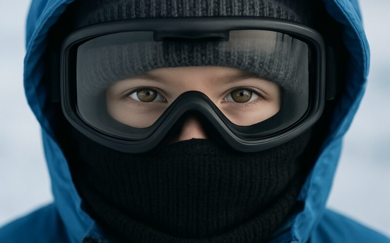 フェイスマスクやゴーグルで完全防寒した子供の顔