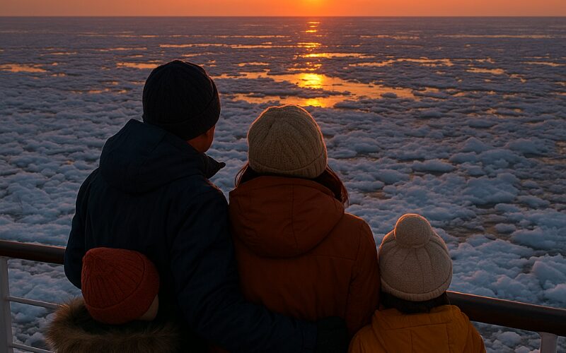 砕氷船のデッキで夕日を眺める家族