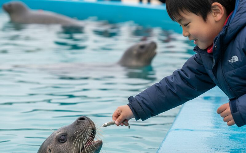 アザラシシーパラダイスでアザラシに餌をあげる子供