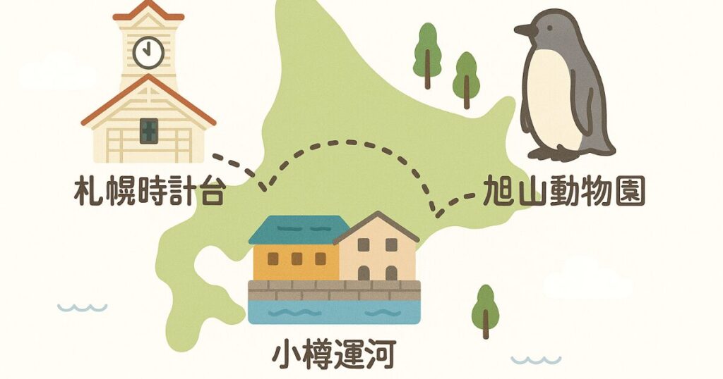 北海道の観光スポットを巡る旅のイメージ