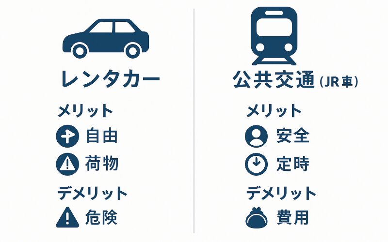 レンタカーと公共交通(JR)の比較インフォグラフィック