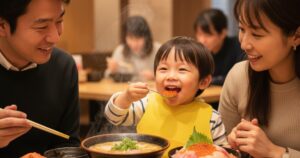 北海道の美味しいグルメを囲む家族の食卓