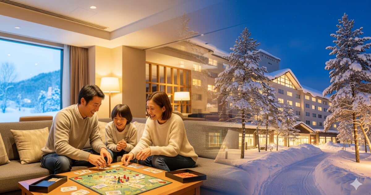 北海道の雪景色の中にあるホテルと、ホテルでくつろぐ家族