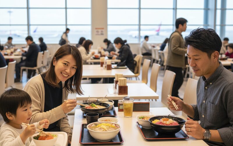 新千歳空港のフードコートで食事を楽しむ家族