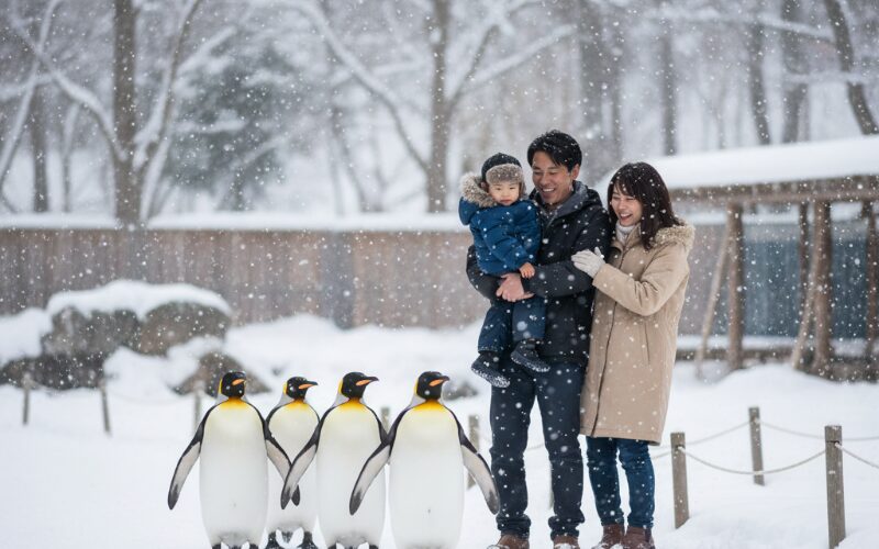 旭山動物園でペンギンの散歩を見る子連れ家族