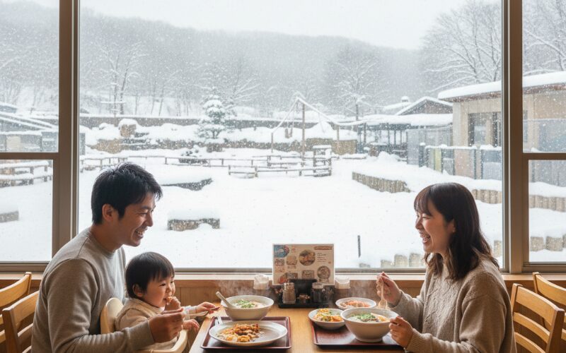 旭山動物園のレストランで食事を楽しむ子連れ家族