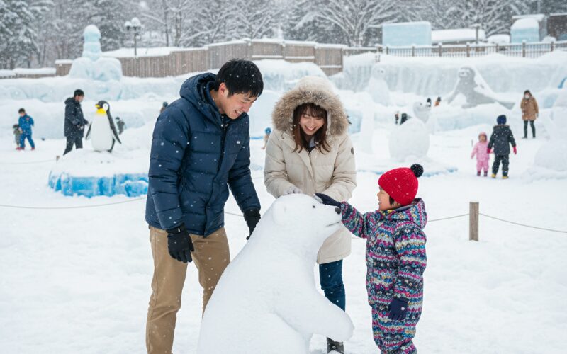 旭山動物園で雪と動物に触れ合う子連れ家族