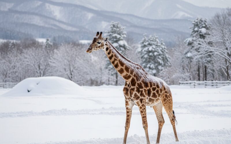 旭山動物園の雪の中を歩くキリン