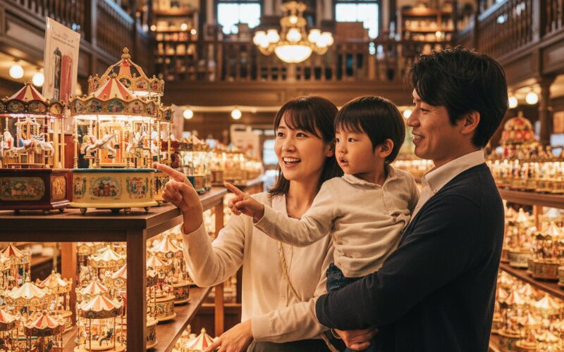 小樽オルゴール堂でオルゴールを選ぶ子連れ家族