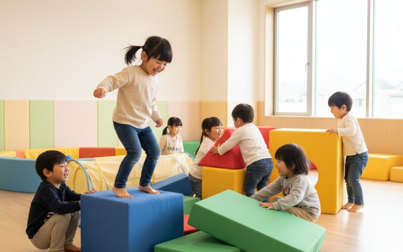 札幌の室内遊び場で笑顔で遊ぶ子供たち