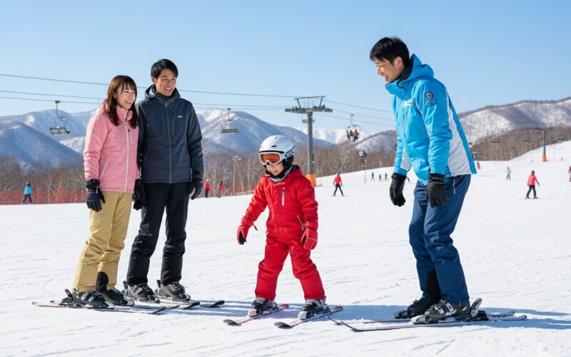 北海道のスキー場でスキーレッスンを受ける子供