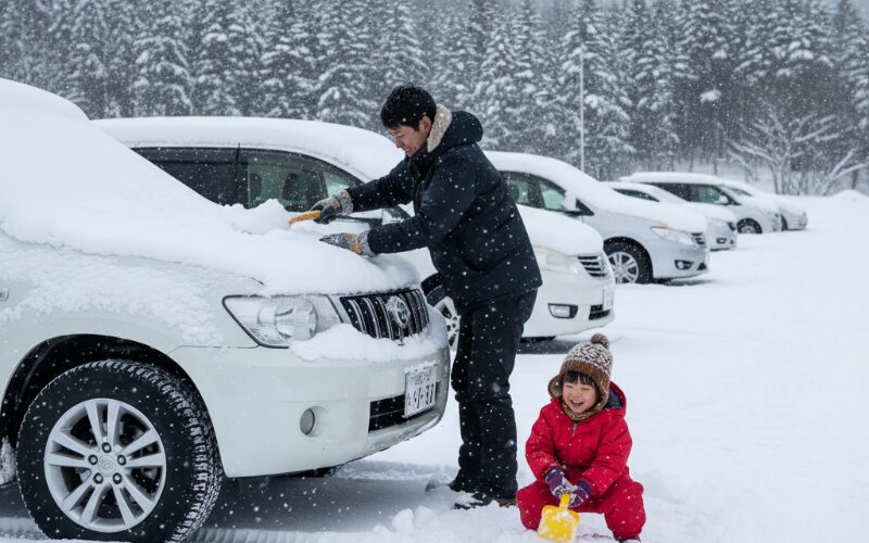 冬の北海道でレンタカーの雪かきをする父親と子供