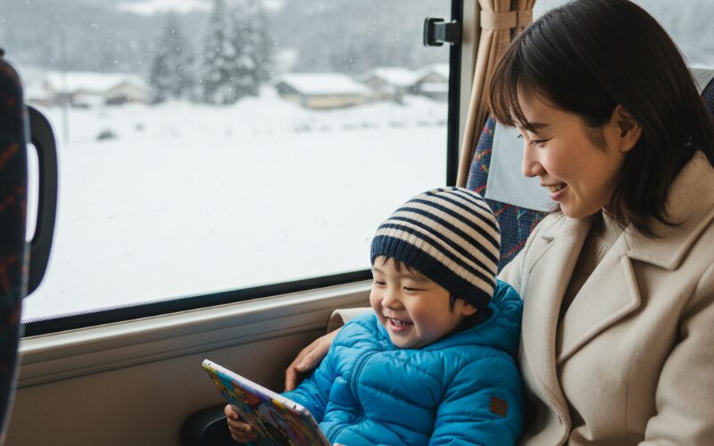 北海道のバス車内でタブレットを見る子供と母親