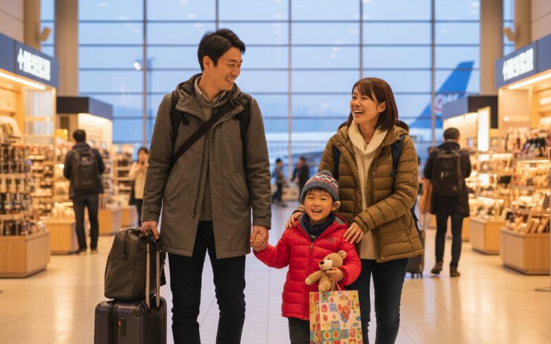 新千歳空港で笑顔で歩く子連れ家族