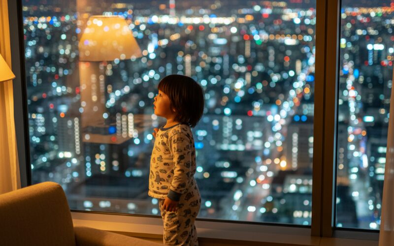 札幌のホテル客室で窓の外の景色を見る子供
