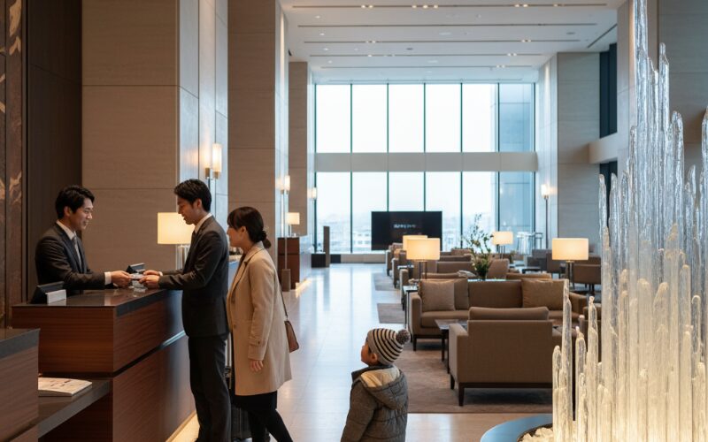 札幌のホテルロビーでチェックインをする子連れ家族