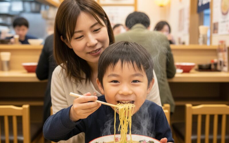 北海道のラーメン店でラーメンを食べる子供