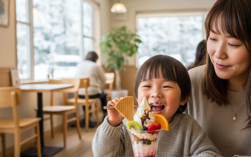 北海道のカフェでパフェを食べる子供と母親