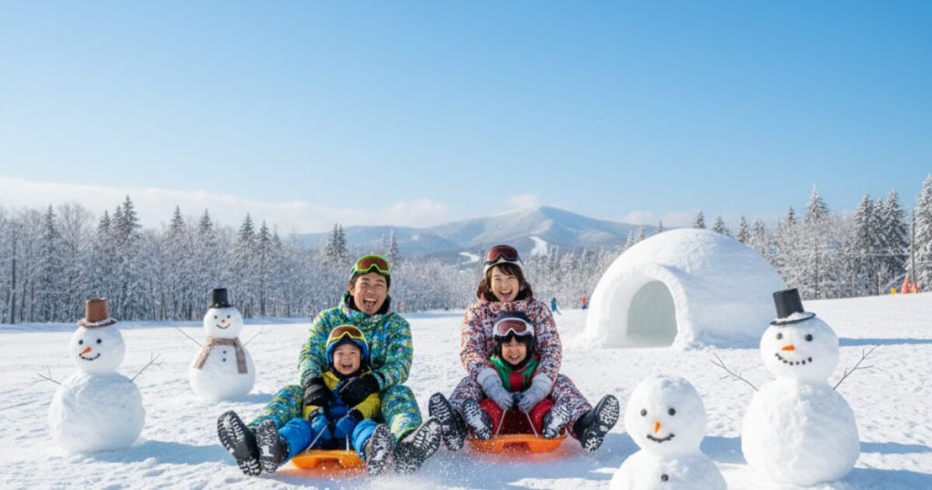 北海道の雪遊び場でソリを楽しむ子連れ家族