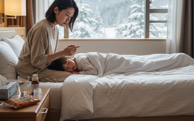 北海道のホテルで子供の体温を測る母親