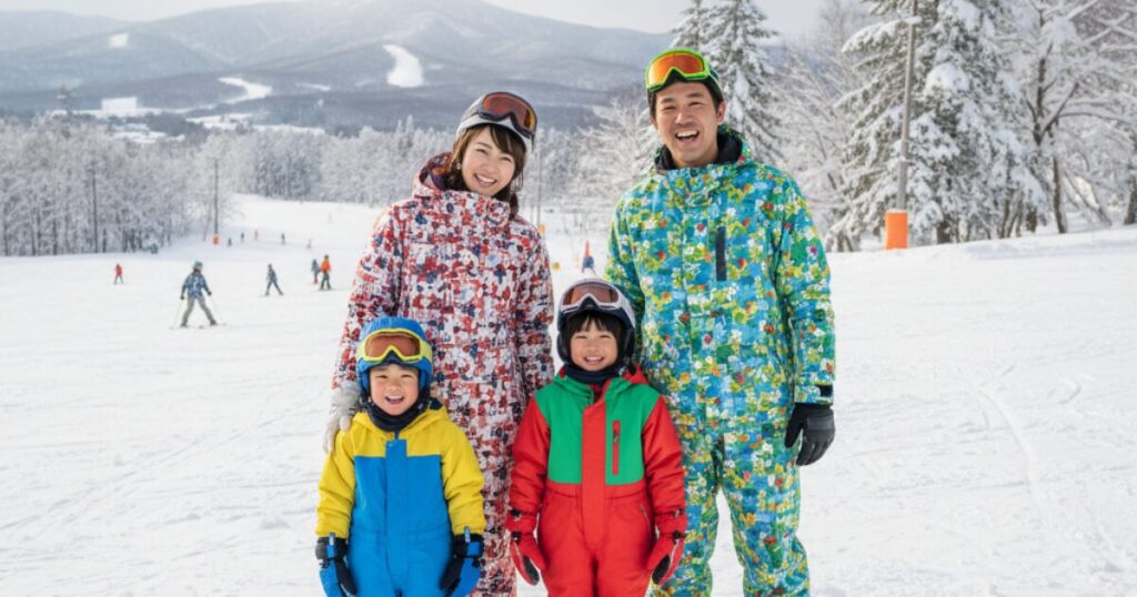 北海道のスキー場でレンタルウェアを着た子供と家族