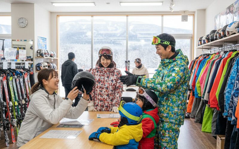 北海道のスキー場レンタルカウンターで笑顔の家族