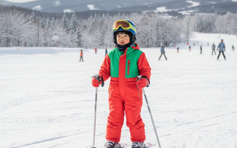 スキーウェアとゴーグルを着用し、準備する子供